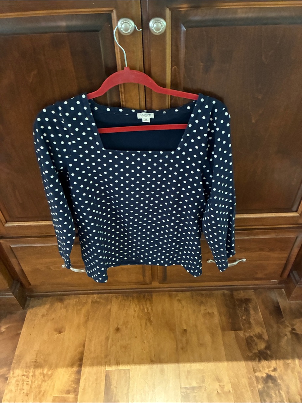J. Crew Navy and White Polka Dot Long-Sleeve Square-Neck Top